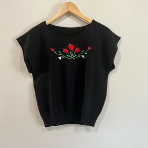 VINTAGE Black Sweater Top with Floral Embroidery